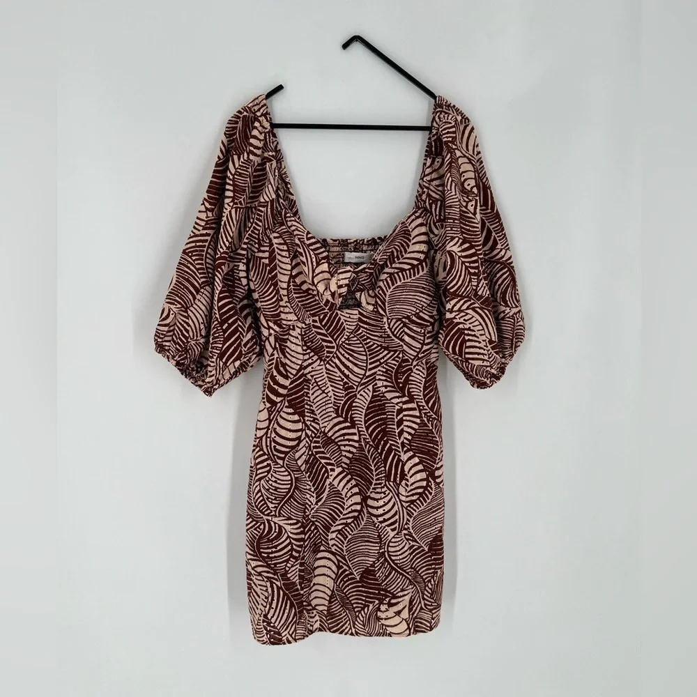 MNG Mango Palm Print Eyelet Balloon Sleeve Mini Dress